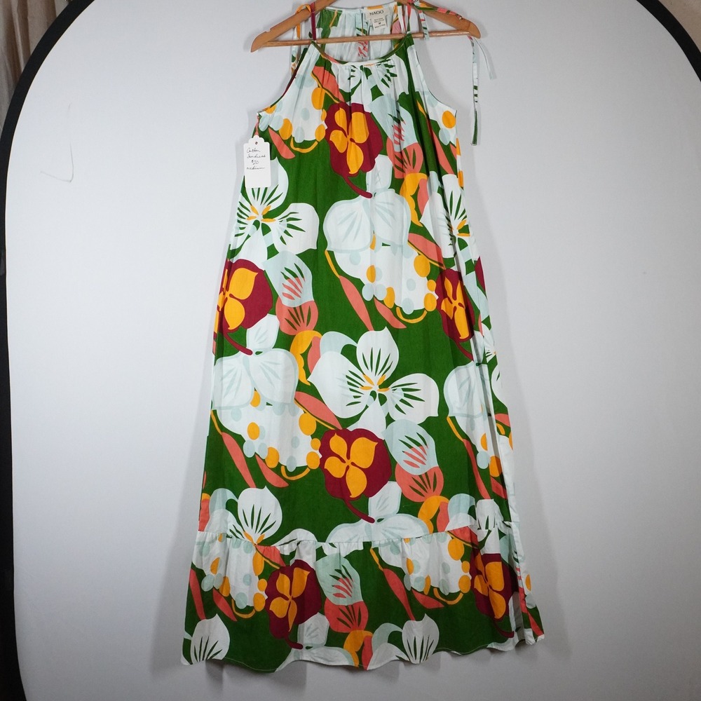 NAOO Green Tropical Floral Cotton Maxi Sundress Halter Tiered M Resort Boho